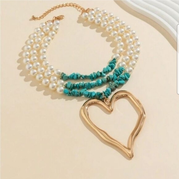 Heart Necklace Gold Pendant Turquoise and Pearl Strands - Picture 8 of 15